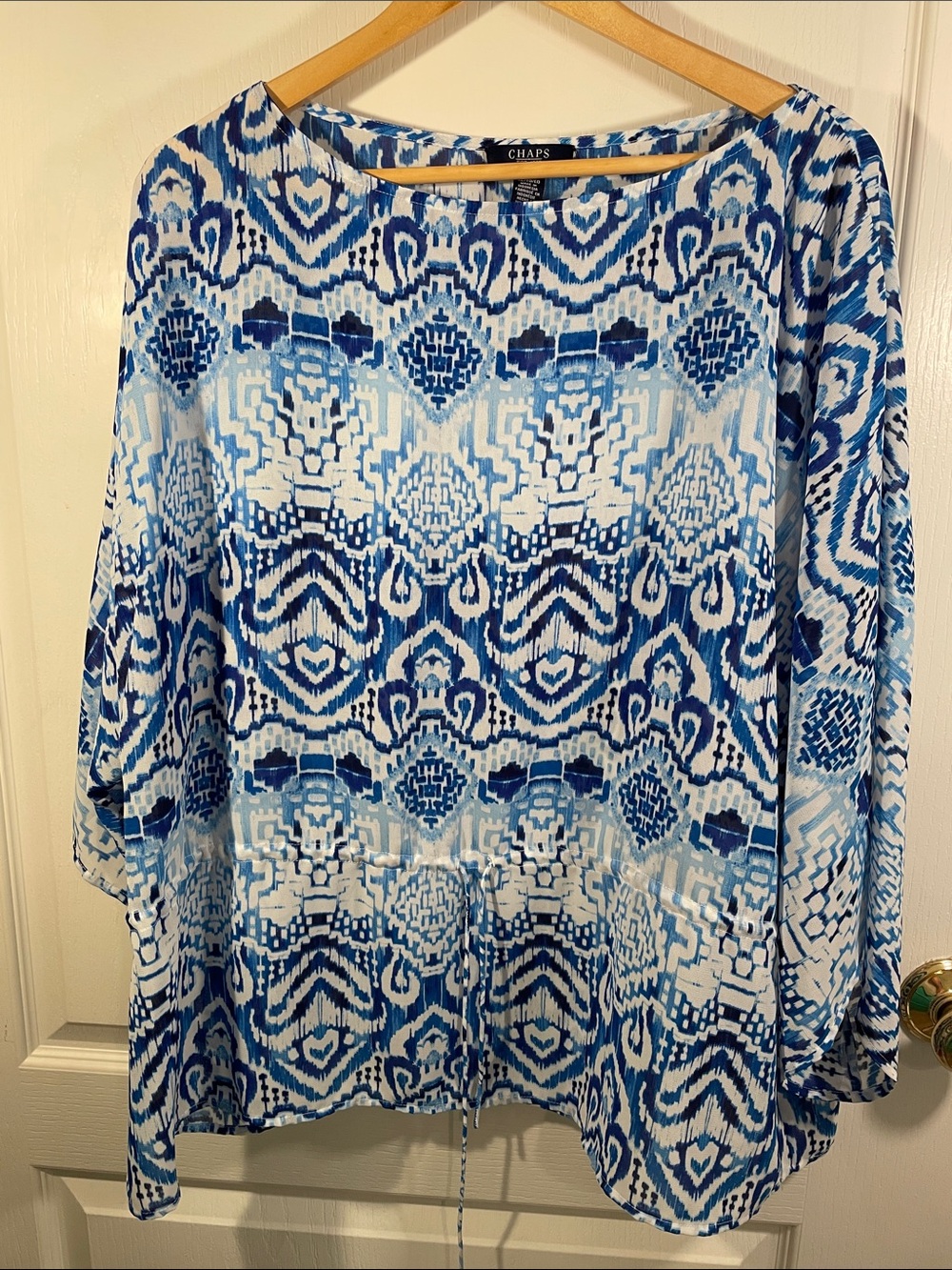 Chaps Blue and White Ikat-Print Top